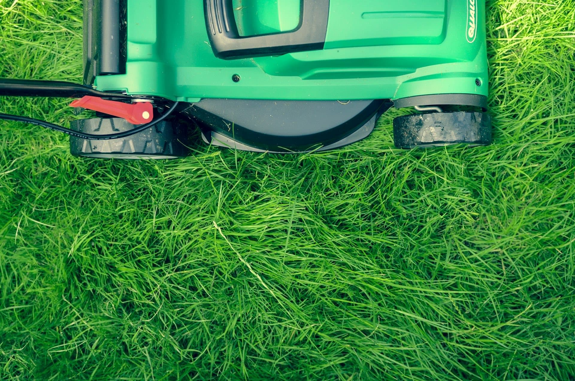 Lawnmower viewed from above cutting long green grass