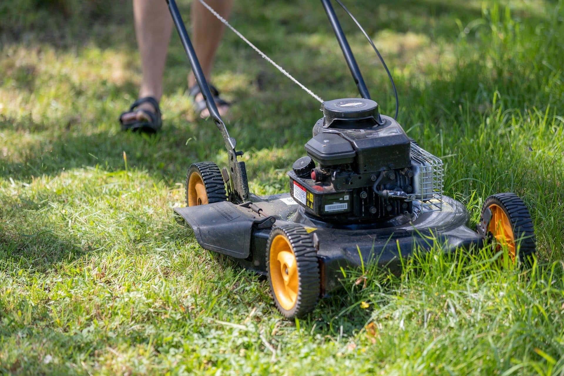 Person pushing a petrol mower across a garden lawn